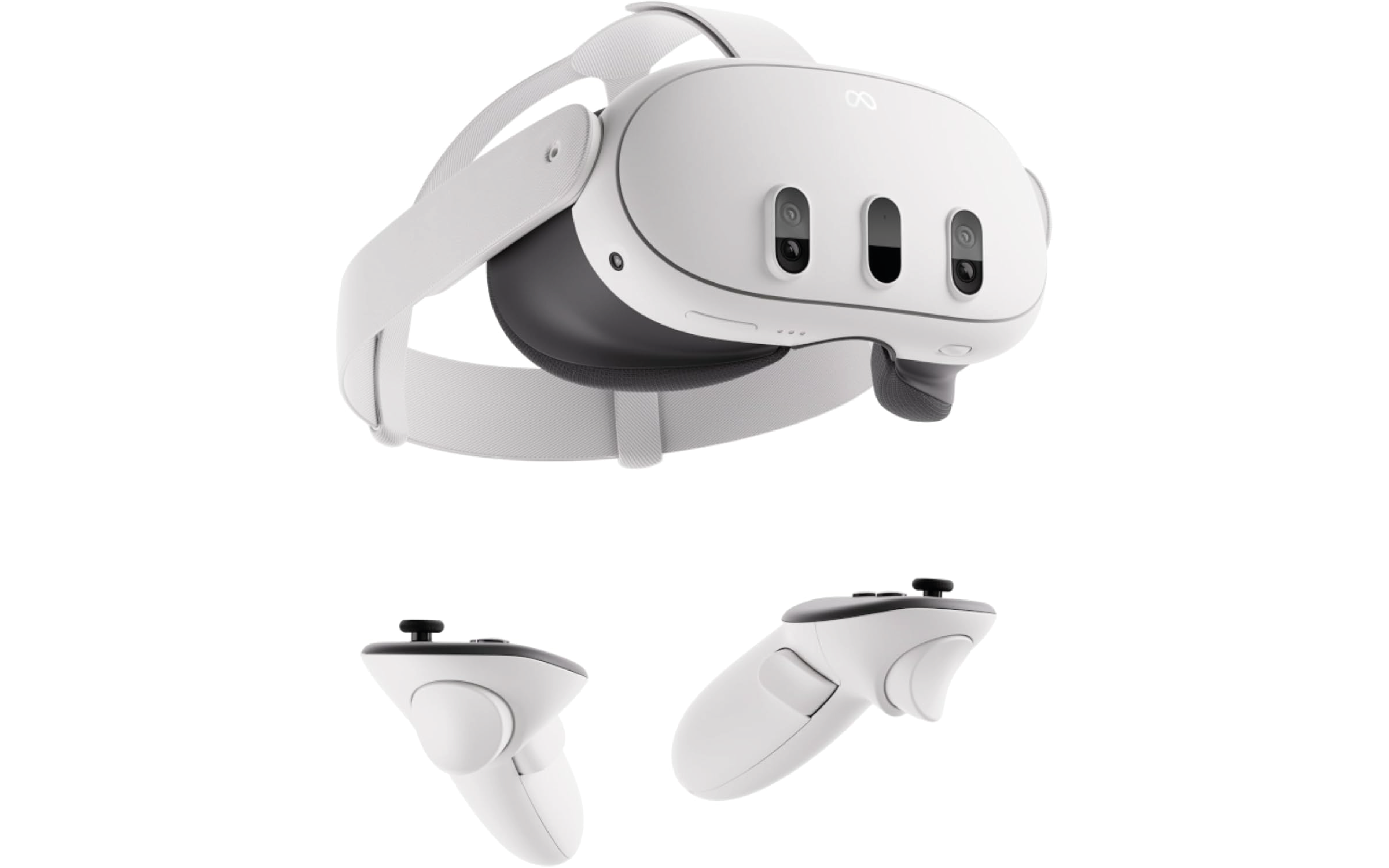 alt="Casque de réalité virtuelle blanc avec deux manettes de contrôle, utilisé pour des expériences immersives ou des entraînements interactifs"