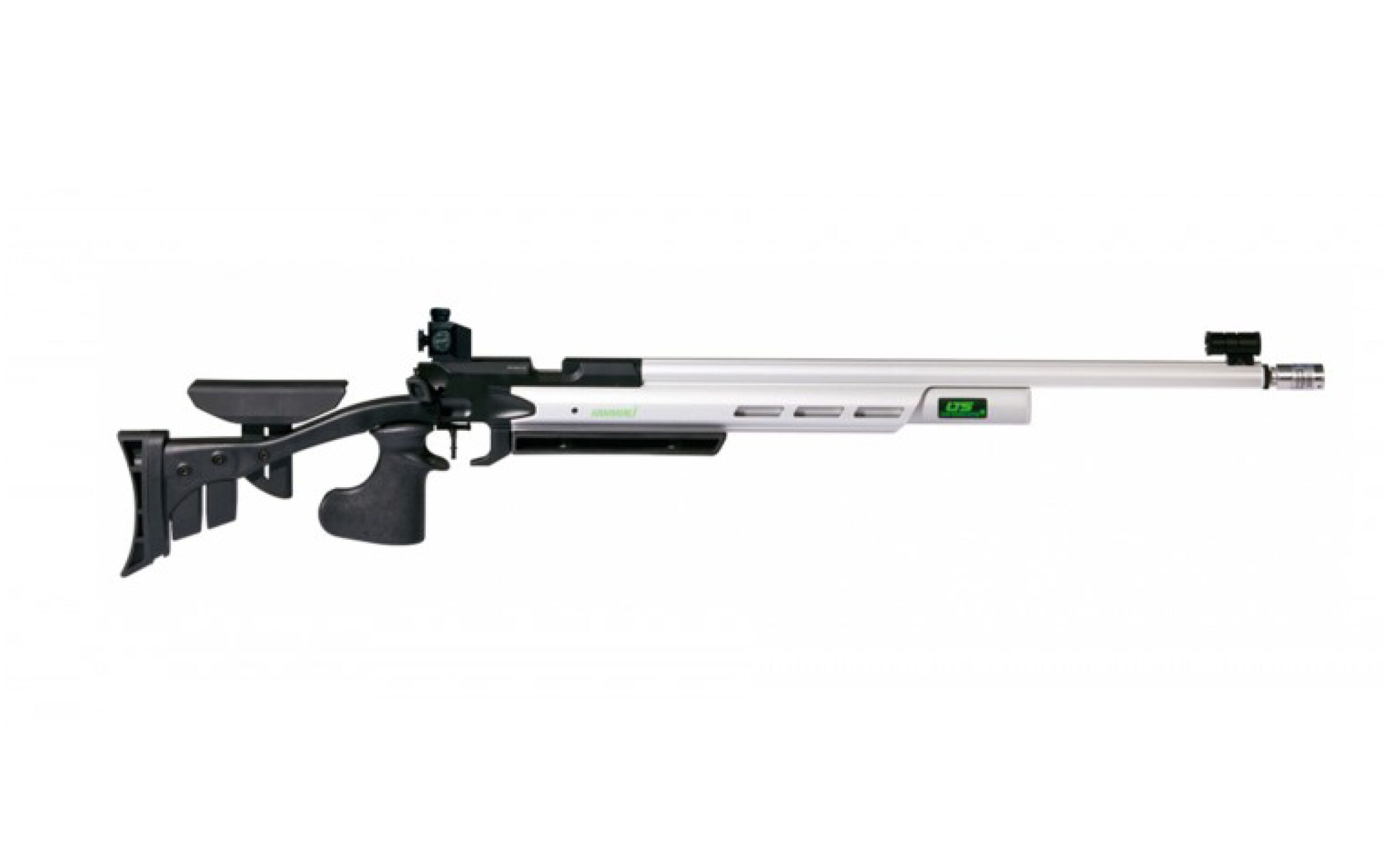 alt="Carabine laser blanche et noire utilisée pour le tir sportif adapté, avec appui-joue et poignée ergonomique"