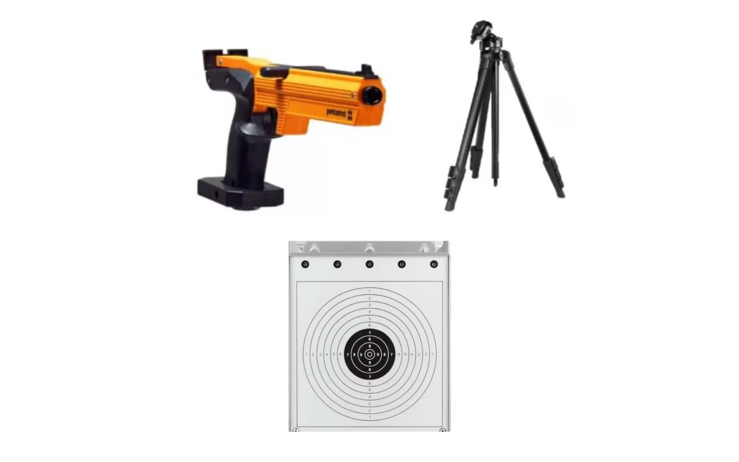 alt="Pistolet laser orange, trépied noir et cible de tir à cercles concentriques utilisés pour l'entraînement au tir sportif"